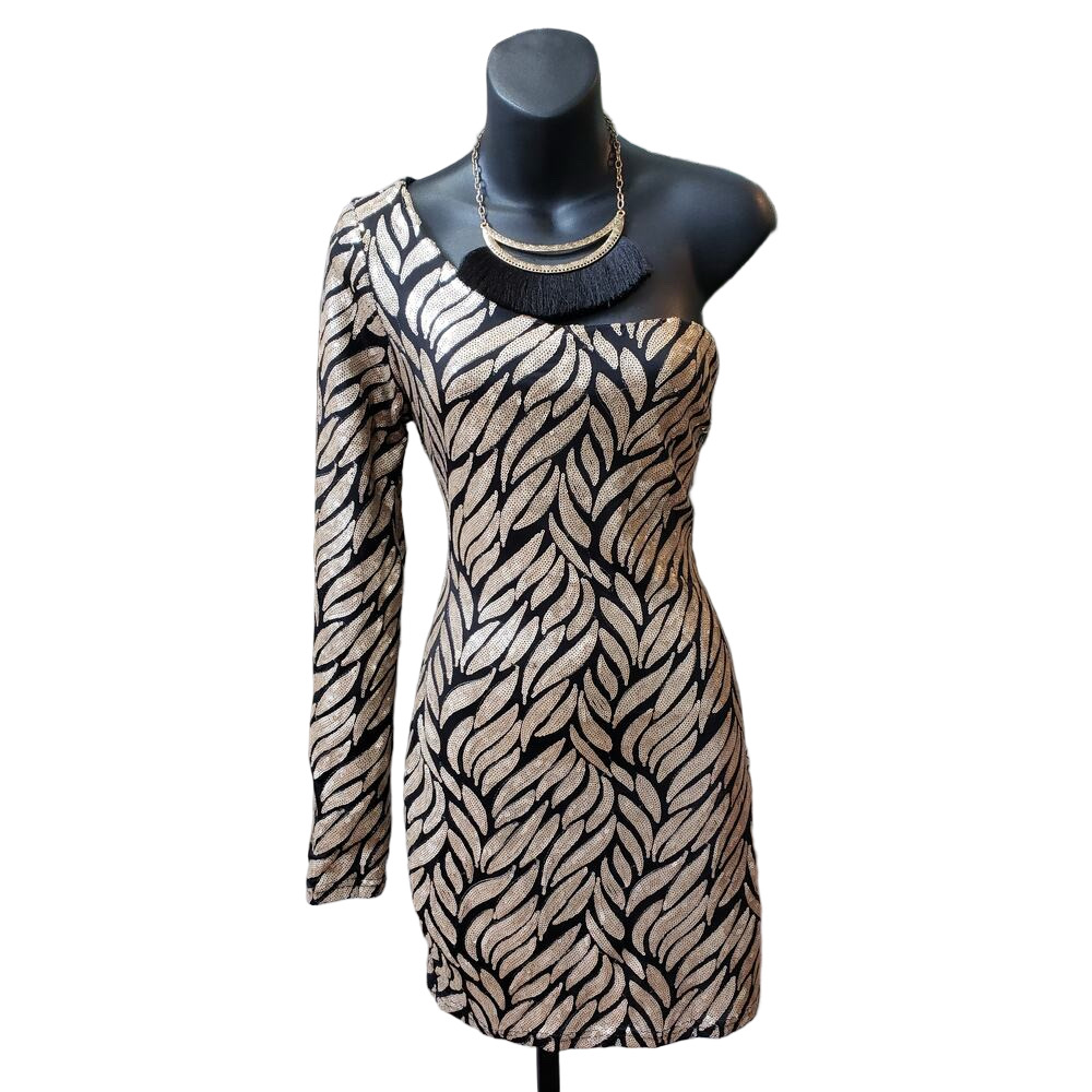 Ark & Co Black and Gold One-Shoulder Midi Dress